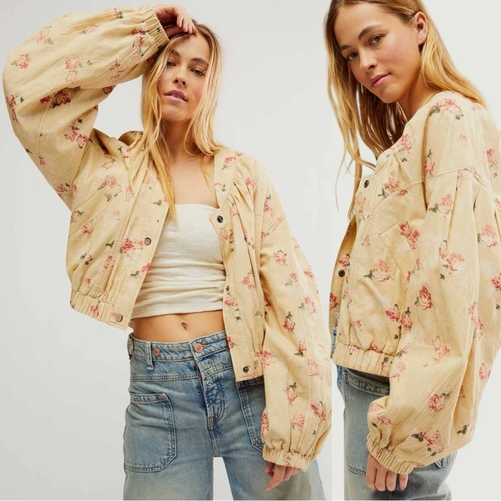 Free People Floral Bomber Jacket in Cream and Pink